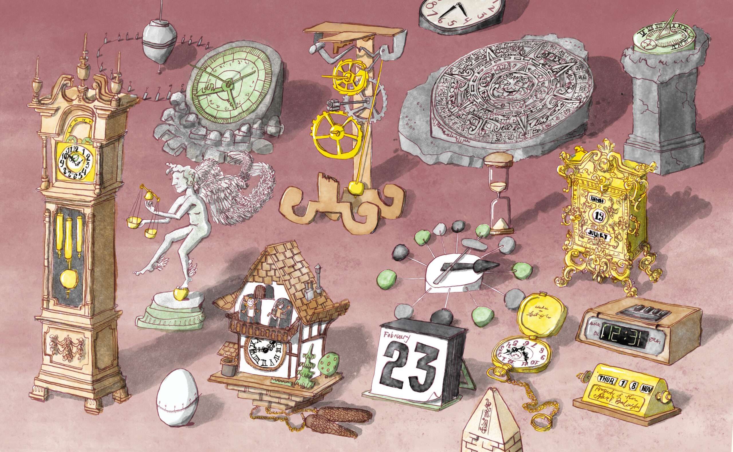 An illustration of various time-based elements, like clocks and calendars